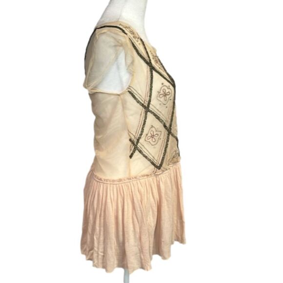 Free People boho intricately beaded embroidered blush sheer top XS TP LOOSE FIT - Picture 5 of 17